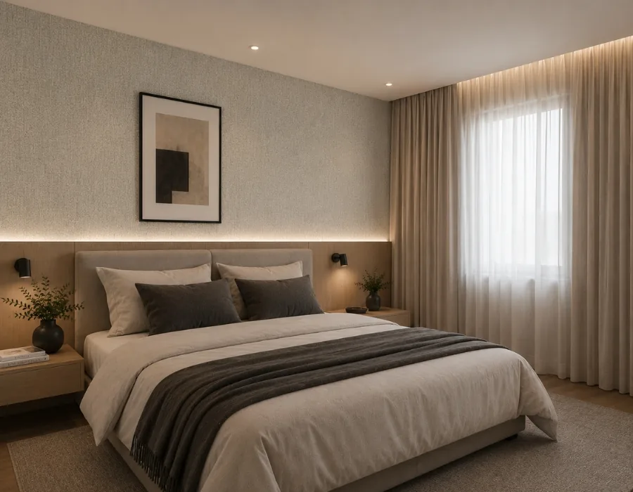 Quarto aconchegante com textura suave