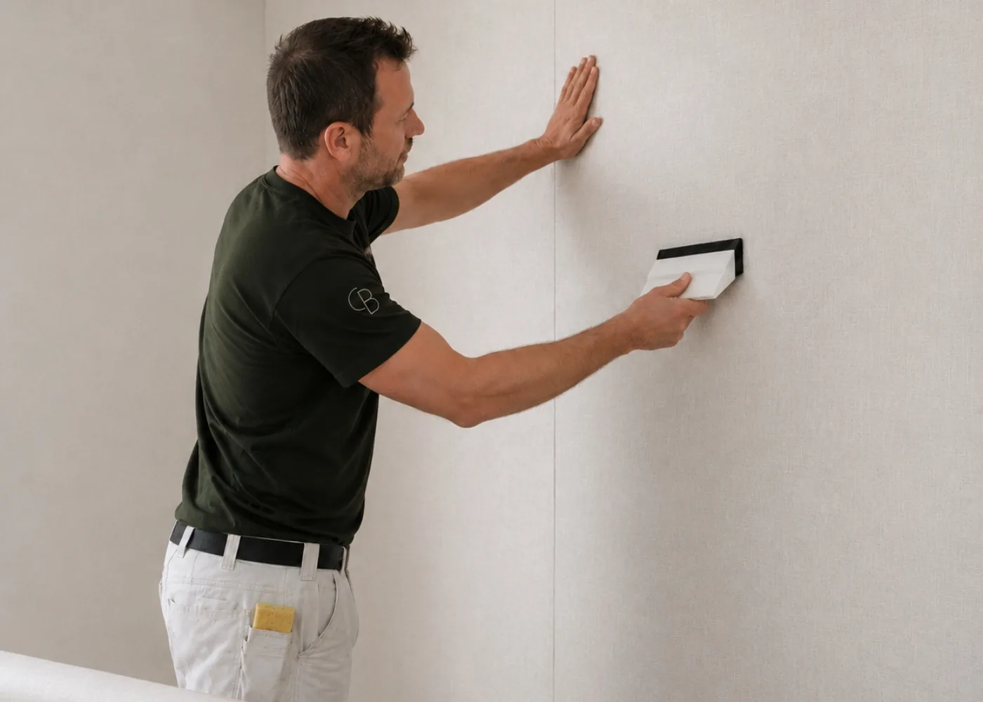 Profissional aplicando papel de parede com cuidado e precisão
